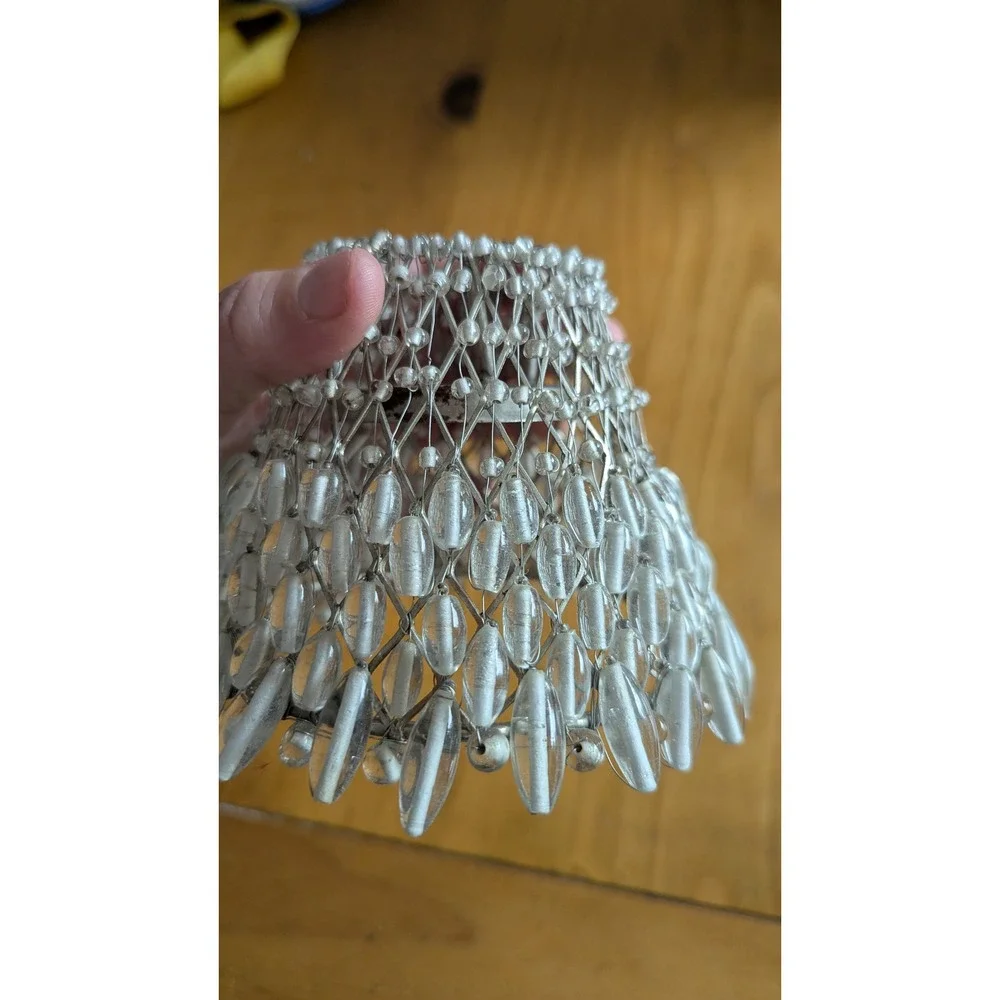 Vintage Beaded Wire Mesh Lamp Shade Clear Glass Teardrop Chandelier Cover 4.5in